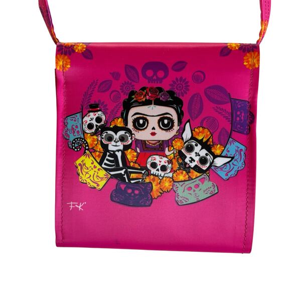 Tawi Frida Kahlo Sugar Skull Mexican Design Front Flap Hot Pink Purse - Picture 4 of 10